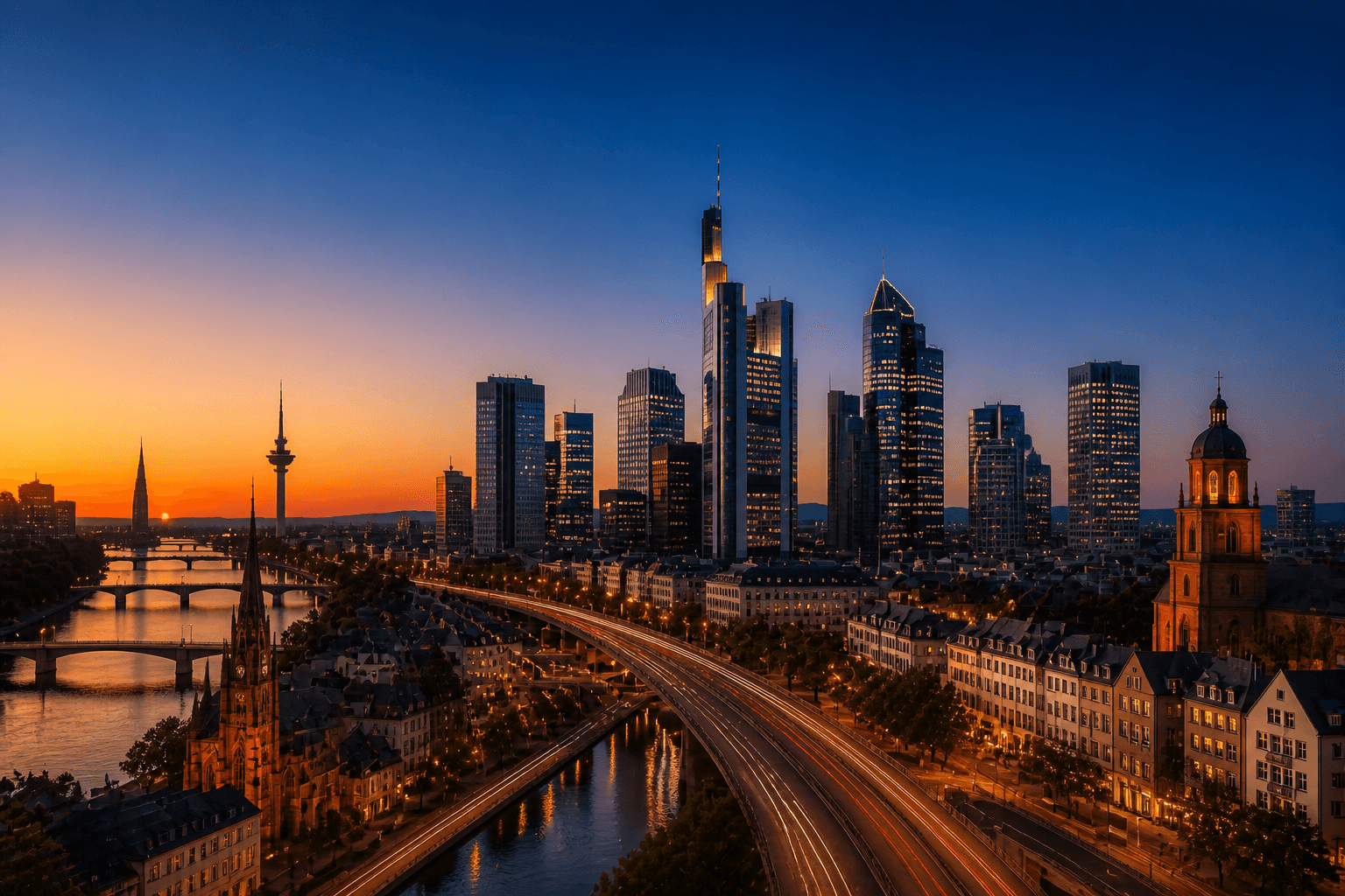 The Frankfurt skyline at dusk, lit by a sweep of colour from the Deutschland App brand palette