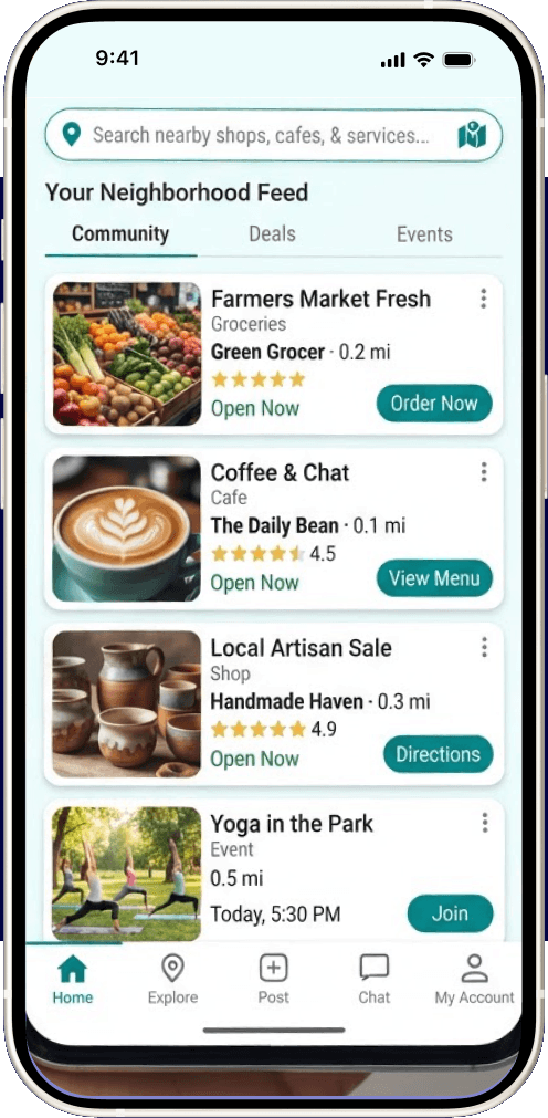 A phone showing the Communities Mini App concept