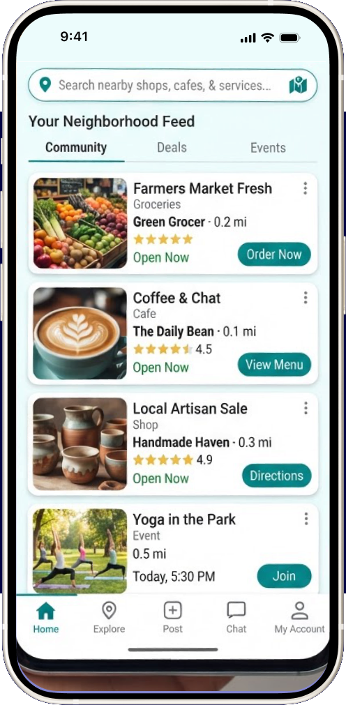 A phone showing the Communities Mini App concept